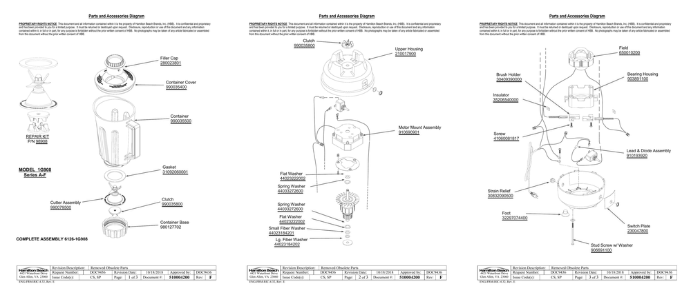 Diagram Diagram and Parts List for 1G908  Hamilton Beach Blender